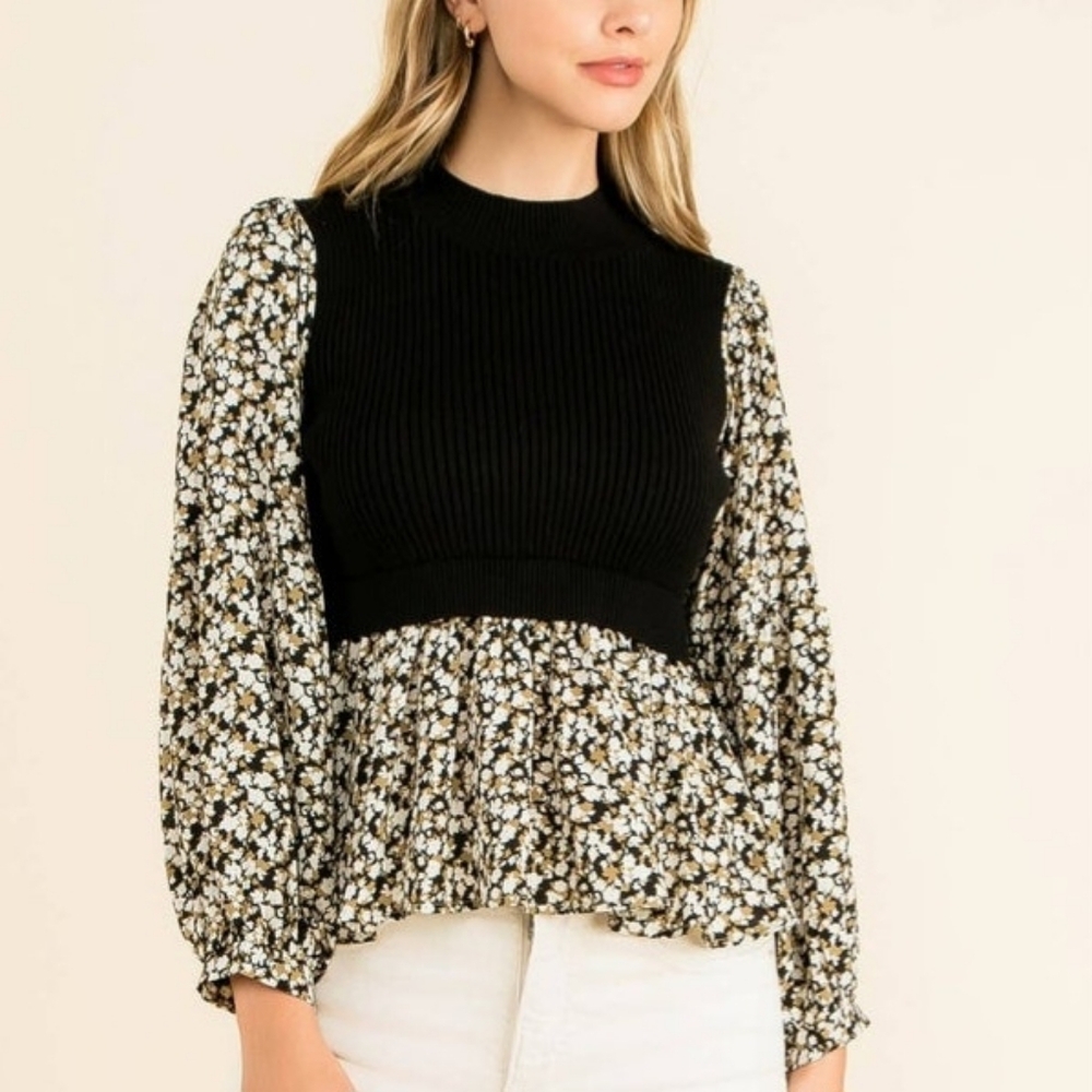 THML Black Floral Sweater Top  Black Floral Mixed Media Size Large Cottagecore